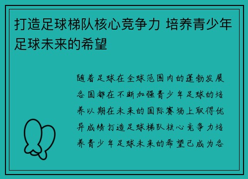 打造足球梯队核心竞争力 培养青少年足球未来的希望