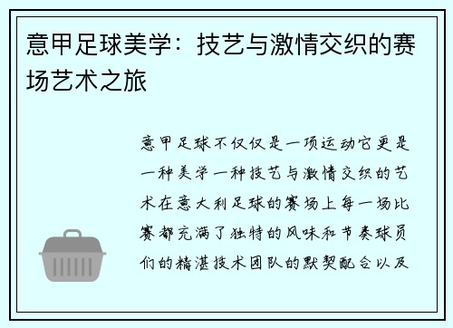 意甲足球美学：技艺与激情交织的赛场艺术之旅