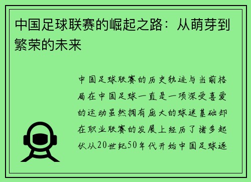中国足球联赛的崛起之路：从萌芽到繁荣的未来