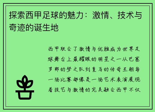 探索西甲足球的魅力：激情、技术与奇迹的诞生地