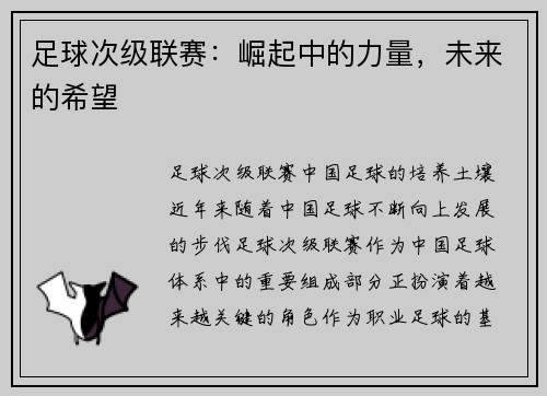 足球次级联赛：崛起中的力量，未来的希望