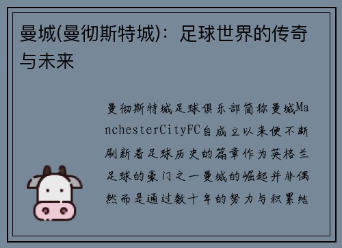 曼城(曼彻斯特城)：足球世界的传奇与未来
