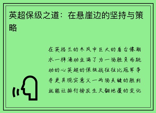 英超保级之道：在悬崖边的坚持与策略
