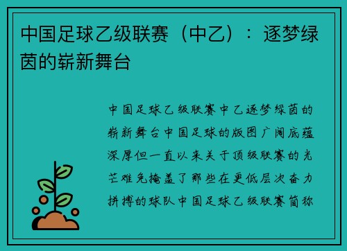 中国足球乙级联赛（中乙）：逐梦绿茵的崭新舞台